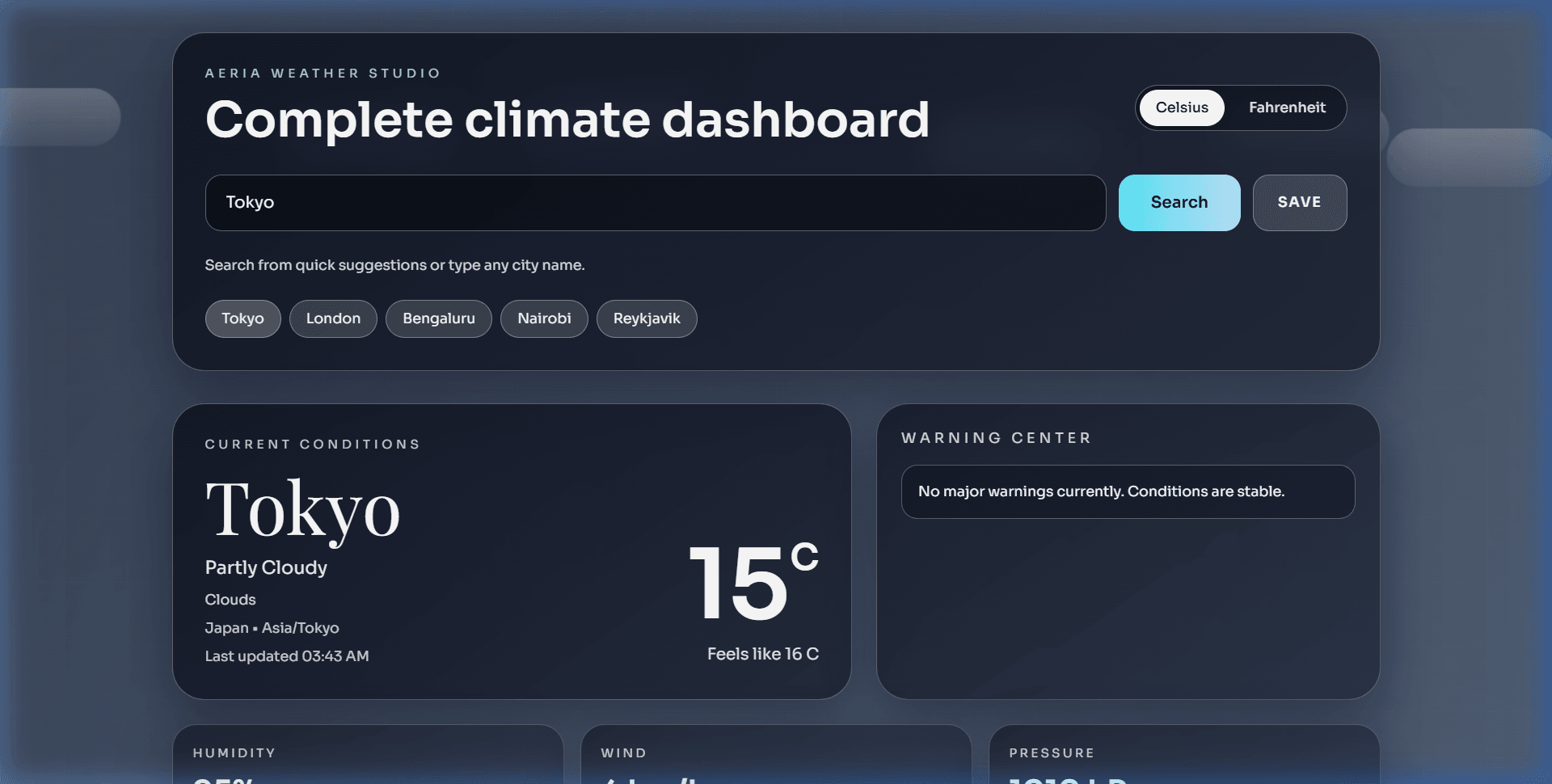 Aeria Weather Studio - Real-Time Climate Dashboard